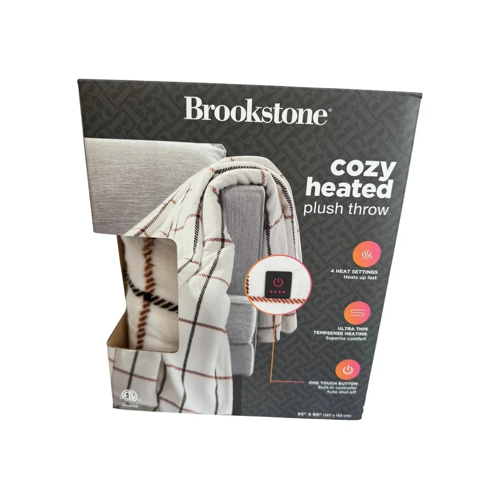 Brookstone Heated Plush Throw Unisex 50x60 White New Plaid TempSense 4 Settings